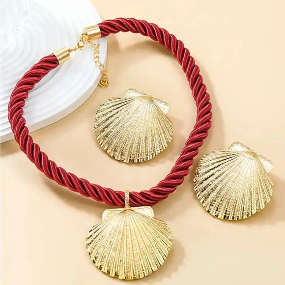 Seashell Gold Red Rope Chain Earrings Necklace Earrings Set - Picture 10 of 16